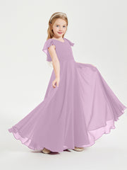 Delicate Chiffon Junior Bridesmaid Gown Flutter Sleeves V-neck Wisteria