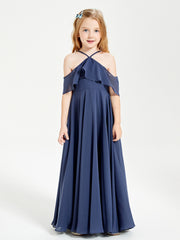 Off the Shoulder Long Junior Bridesmaid Dresses Stormy