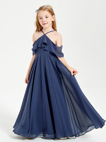 Halter Backless Long Chiffon Junior Bridesmaid Gown Stormy
