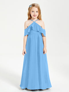 Off the Shoulder Long Junior Bridesmaid Dresses Blue