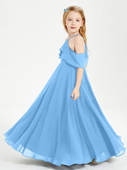 Off the Shoulder Long Junior Bridesmaid Dresses Blue