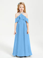 Off the Shoulder Long Junior Bridesmaid Dresses Blue