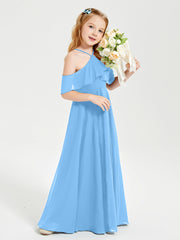 Off the Shoulder Long Junior Bridesmaid Dresses Blue
