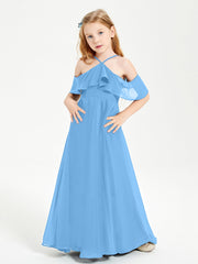 Off the Shoulder Long Junior Bridesmaid Dresses Blue