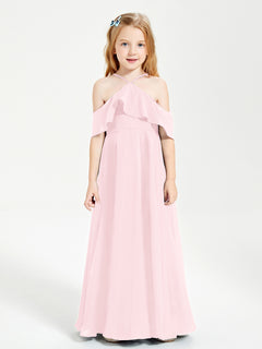 Off the Shoulder Long Junior Bridesmaid Dresses Blushing Pink