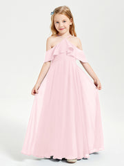 Off the Shoulder Long Junior Bridesmaid Dresses Blushing Pink