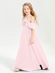Off the Shoulder Long Junior Bridesmaid Dresses Blushing Pink