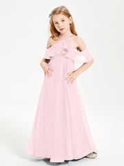Off the Shoulder Long Junior Bridesmaid Dresses Blushing Pink