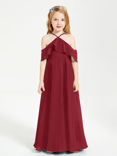 Off the Shoulder Long Junior Bridesmaid Dresses Burgundy