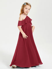 Off the Shoulder Long Junior Bridesmaid Dresses Burgundy