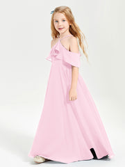Off the Shoulder Long Junior Bridesmaid Dresses Candy Pink