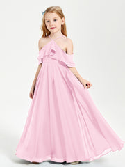 Off the Shoulder Long Junior Bridesmaid Dresses Candy Pink