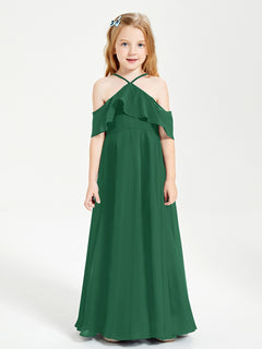 Off the Shoulder Long Junior Bridesmaid Dresses Dark Green