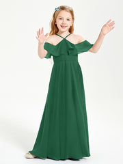 Off the Shoulder Long Junior Bridesmaid Dresses Dark Green