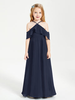 Off the Shoulder Long Junior Bridesmaid Dresses Dark Navy