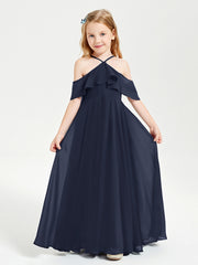 Off the Shoulder Long Junior Bridesmaid Dresses Dark Navy