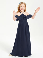 Off the Shoulder Long Junior Bridesmaid Dresses Dark Navy