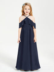 Off the Shoulder Long Junior Bridesmaid Dresses Dark Navy