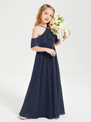 Off the Shoulder Long Junior Bridesmaid Dresses Dark Navy