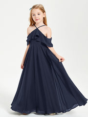 Off the Shoulder Long Junior Bridesmaid Dresses Dark Navy