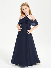 Off the Shoulder Long Junior Bridesmaid Dresses Dark Navy