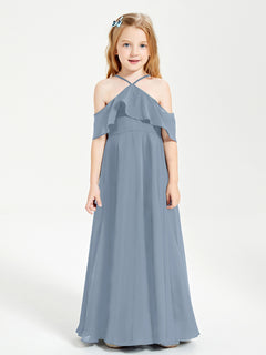 Off the Shoulder Long Junior Bridesmaid Dresses Dusty Blue