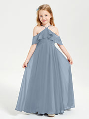 Off the Shoulder Long Junior Bridesmaid Dresses Dusty Blue