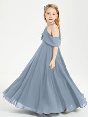 Off the Shoulder Long Junior Bridesmaid Dresses Dusty Blue