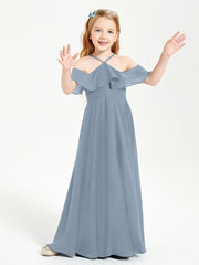 Off the Shoulder Long Junior Bridesmaid Dresses Dusty Blue
