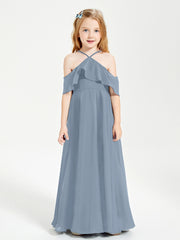 Off the Shoulder Long Junior Bridesmaid Dresses Dusty Blue