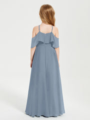Off the Shoulder Long Junior Bridesmaid Dresses Dusty Blue