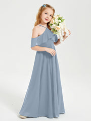 Off the Shoulder Long Junior Bridesmaid Dresses Dusty Blue