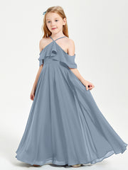 Off the Shoulder Long Junior Bridesmaid Dresses Dusty Blue