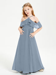 Off the Shoulder Long Junior Bridesmaid Dresses Dusty Blue