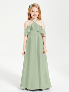 Off the Shoulder Long Junior Bridesmaid Dresses Dusty Sage