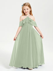 Off the Shoulder Long Junior Bridesmaid Dresses Dusty Sage