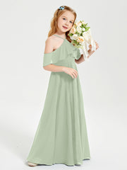 Off the Shoulder Long Junior Bridesmaid Dresses Dusty Sage