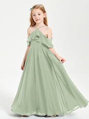 Off the Shoulder Long Junior Bridesmaid Dresses Dusty Sage