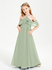 Off the Shoulder Long Junior Bridesmaid Dresses Dusty Sage