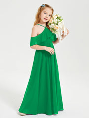 Off the Shoulder Long Junior Bridesmaid Dresses Emerald