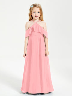 Off the Shoulder Long Junior Bridesmaid Dresses Flamingo