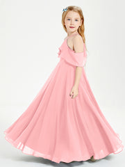 Off the Shoulder Long Junior Bridesmaid Dresses Flamingo
