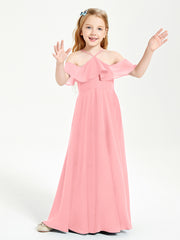Off the Shoulder Long Junior Bridesmaid Dresses Flamingo