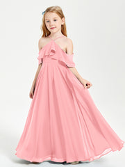 Off the Shoulder Long Junior Bridesmaid Dresses Flamingo