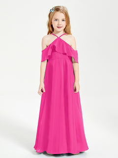 Off the Shoulder Long Junior Bridesmaid Dresses Fuchsia