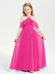 Off the Shoulder Long Junior Bridesmaid Dresses Fuchsia
