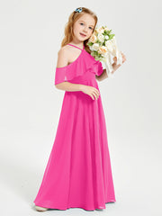Off the Shoulder Long Junior Bridesmaid Dresses Fuchsia