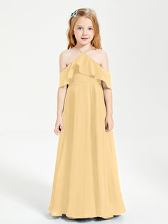 Off the Shoulder Long Junior Bridesmaid Dresses Gold