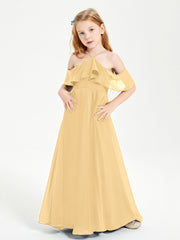 Off the Shoulder Long Junior Bridesmaid Dresses Gold