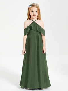 Off the Shoulder Long Junior Bridesmaid Dresses Olive Green